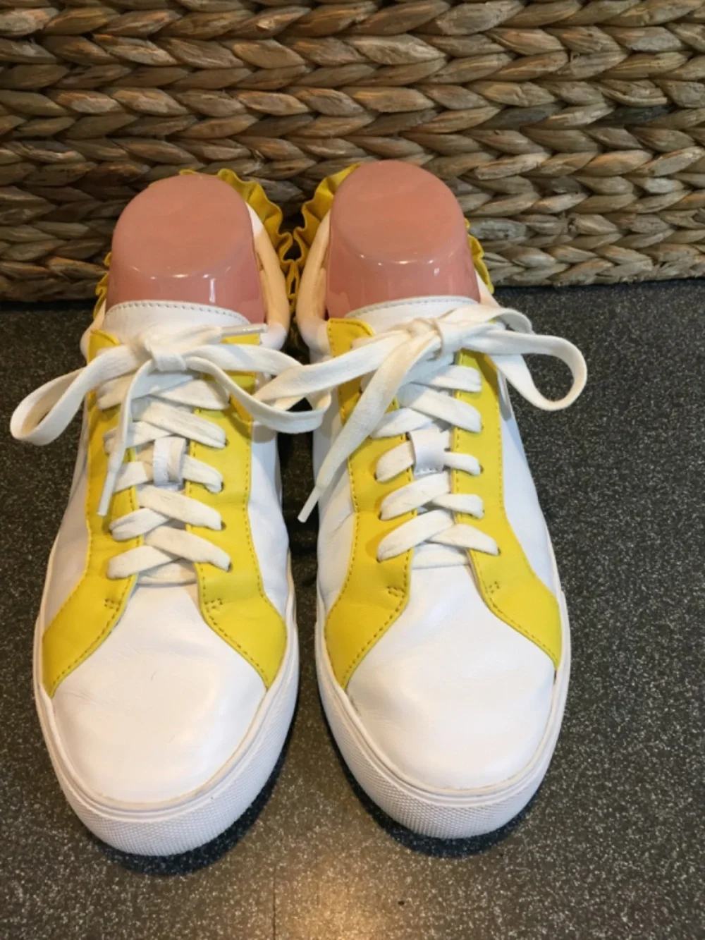 Talbots White and Yellow Leather Ruffle-Back Sneakers